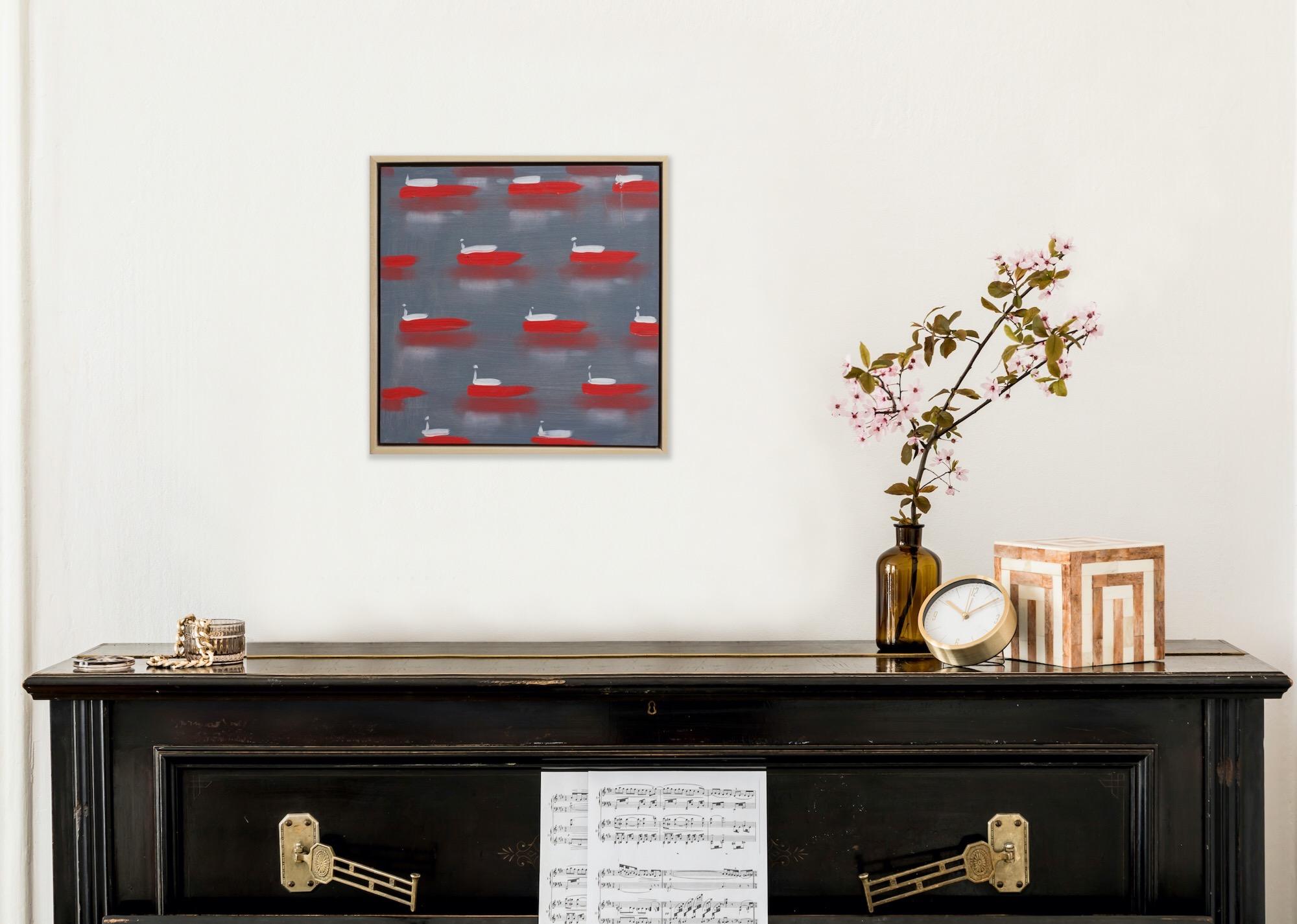 Lanchas rápidas en rosa (pintura al óleo cuadrada con motivos marinos) - Painting Arte pop de Dan Pelonis