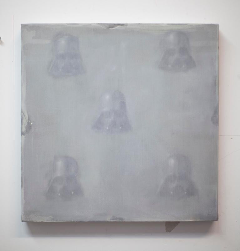 Vaders in Nebel  (StarWars-Muster, kleines quadratisches Ölgemälde, figurativ, abstrakt) (Braun), Abstract Painting, von Dan Pelonis