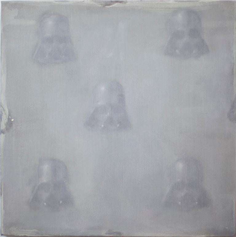 Dan Pelonis Abstract Painting – Vaders in Nebel  (StarWars-Muster, kleines quadratisches Ölgemälde, figurativ, abstrakt)