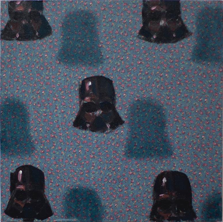 Dan Pelonis Figurative Painting – Vaders auf Mustern  (kleines quadratisches Ölgemälde, figuratives abstraktes StarWars-Pop)