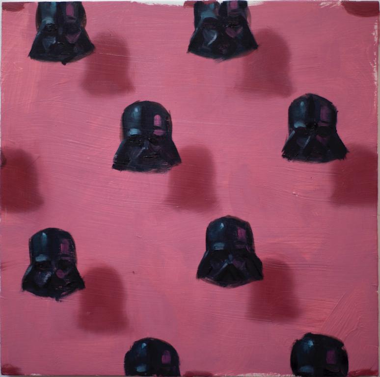 Vaders auf rosa (Muster, kleines quadratisches Ölgemälde, figuratives abstraktes StarWars) – Painting von Dan Pelonis