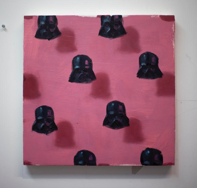 Vaders auf rosa (Muster, kleines quadratisches Ölgemälde, figuratives abstraktes StarWars) (Pop-Art), Painting, von Dan Pelonis