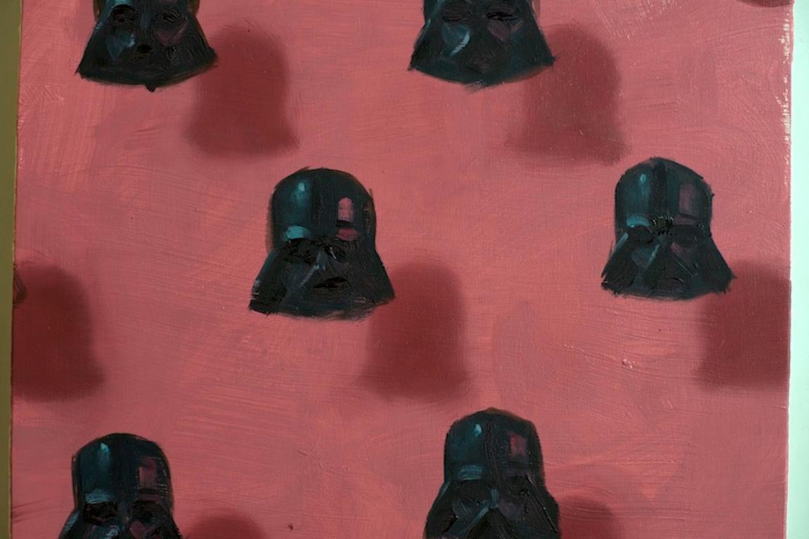Vaders on pink (patterns small square oil painting figurative abstract StarWars) - Pink Figurative Painting by Dan Pelonis