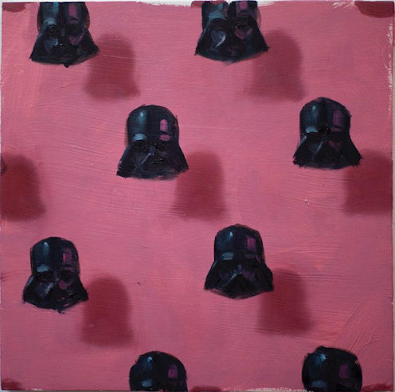 Dan Pelonis Figurative Painting – Vaders auf rosa (Muster, kleines quadratisches Ölgemälde, figuratives abstraktes StarWars)