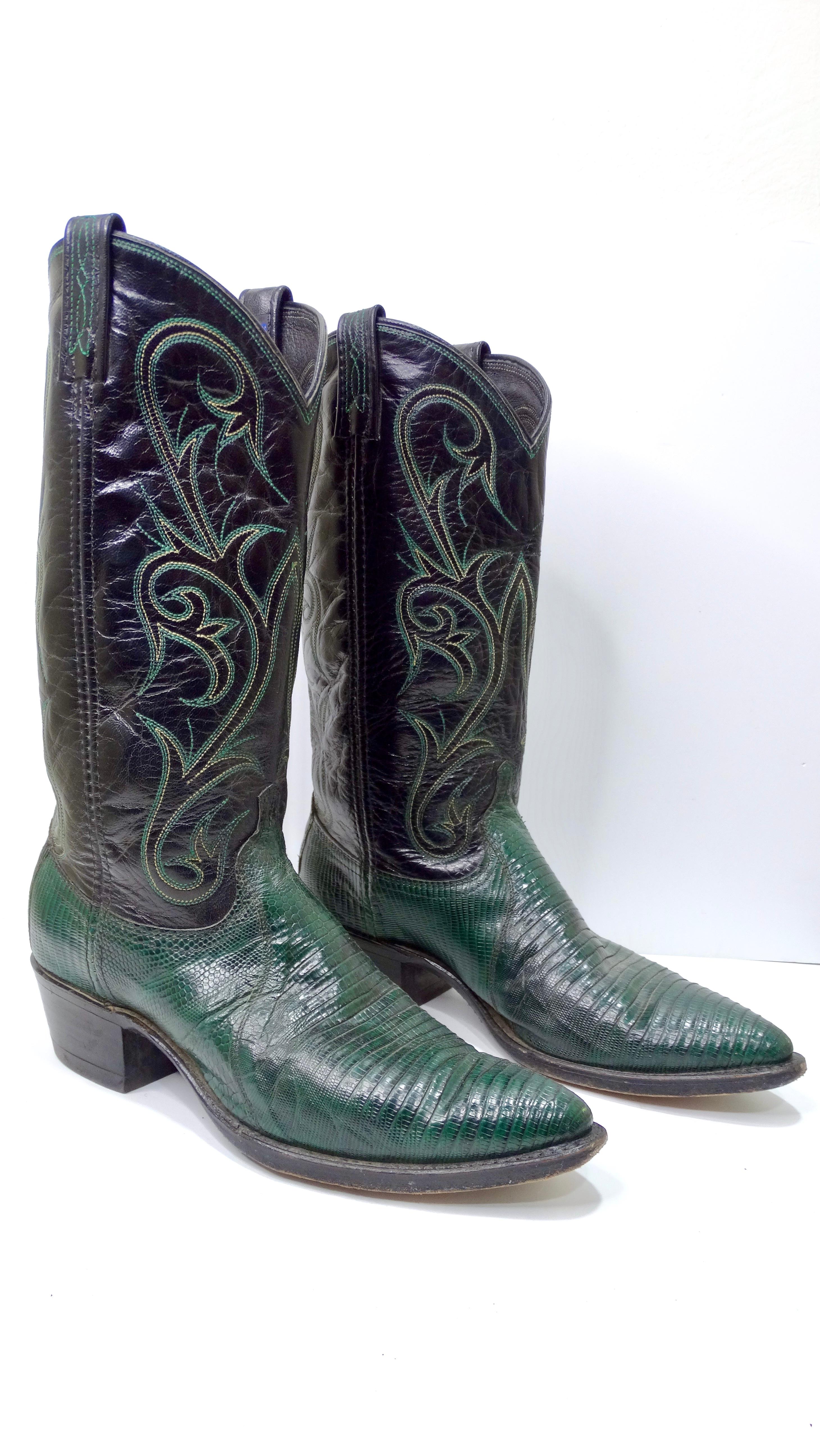Boots are a girls best friend! Feel like a modern cowgirl with these fun and iconic beauties!  You don't want to miss out on these one-of-a-kind find! These feature a beautiful black leather shaft with green stitching and green lizard leather on the
