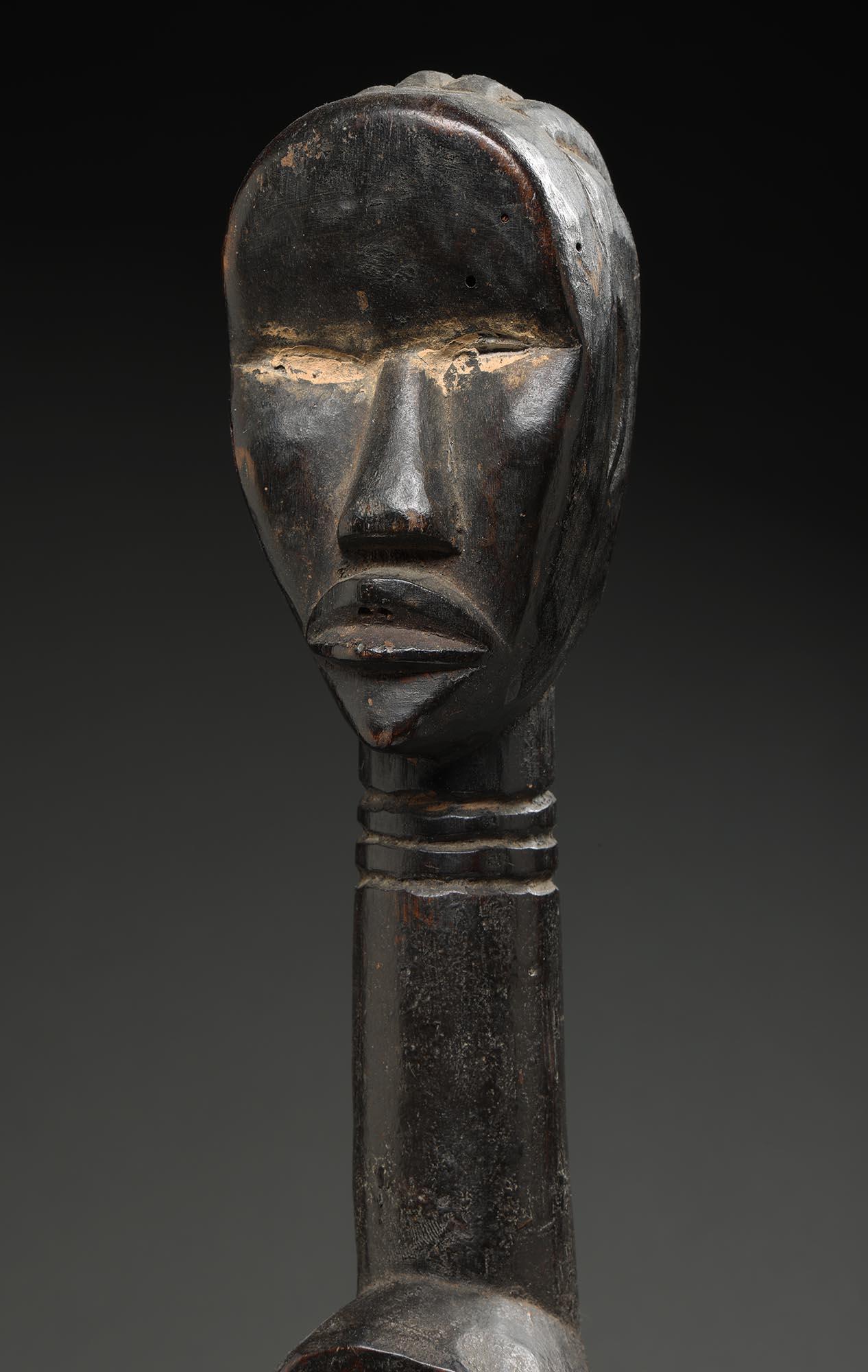 Hand-Carved Dan Prestige Wood Feast Ladle with Head, Ivory Coast, West Africa on custom base For Sale