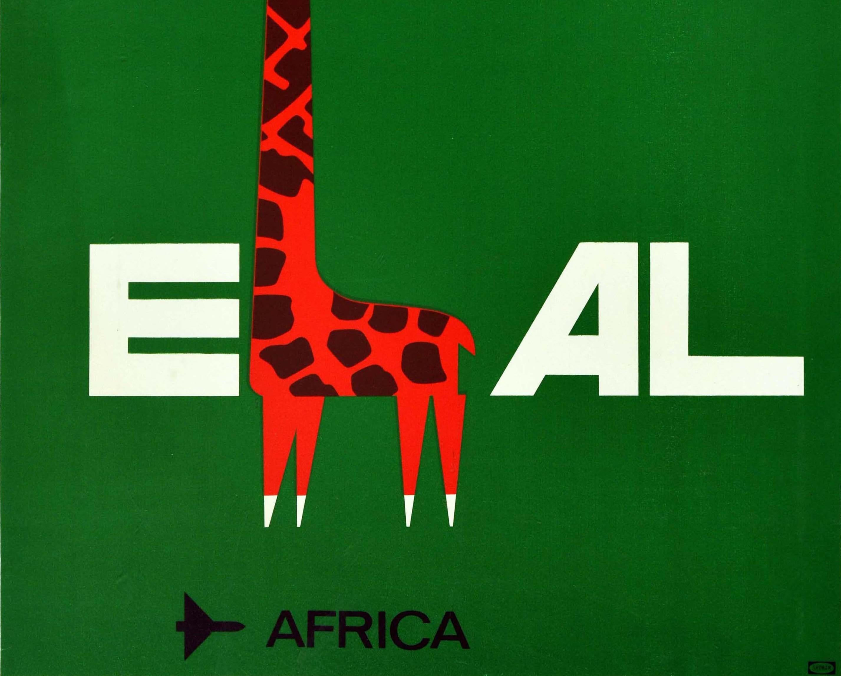 Original-Vintage-Reiseplakat „El Al Israel Airlines“, Afrika, Safari, Giraffenflugzeug (Grün), Print, von Dan Reisinger