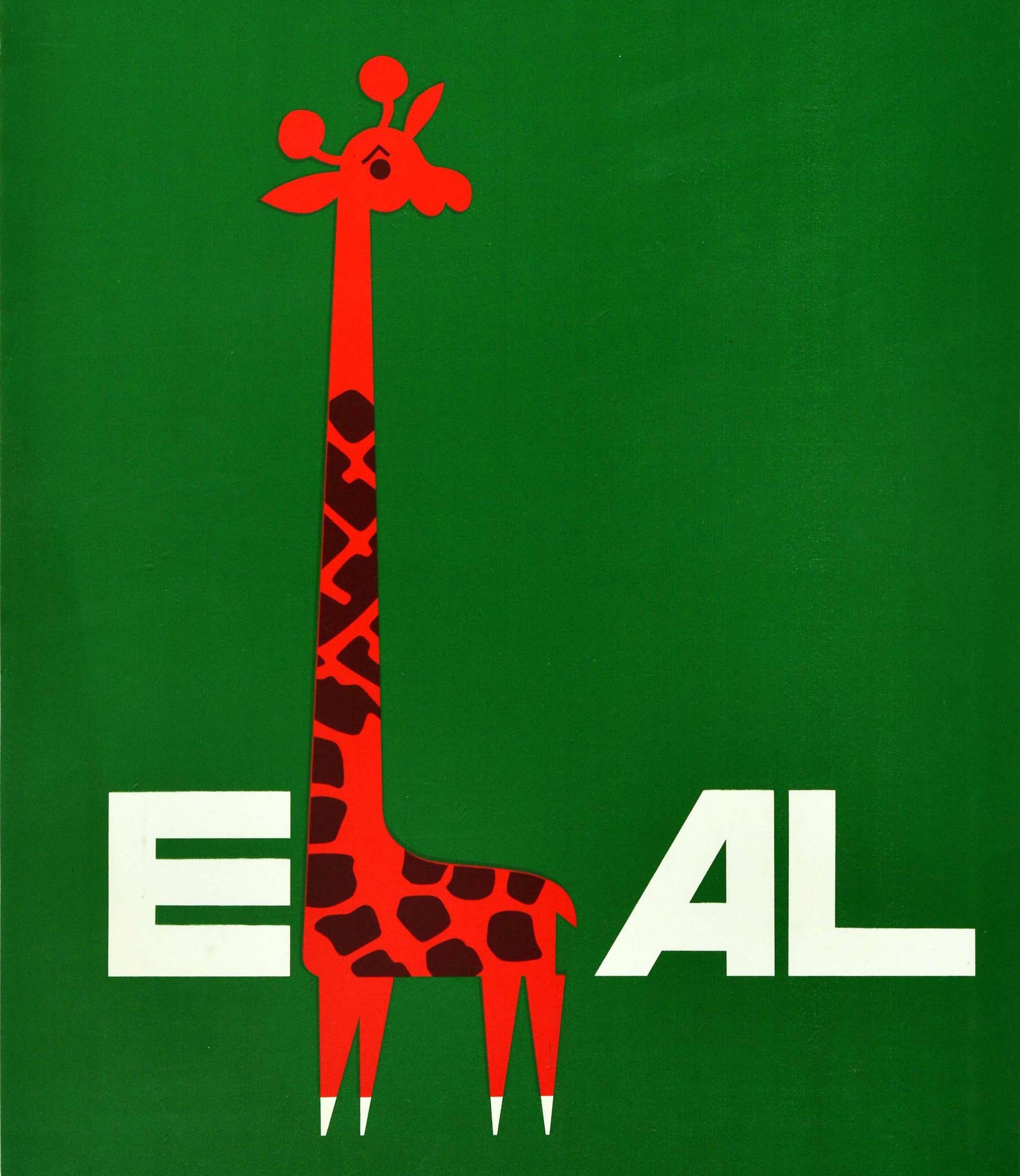 Originales Vintage-Reiseplakat der israelischen Fluggesellschaft El Al für Afrika mit einem großartigen grafischen Entwurf des bekannten israelischen Künstlers Dan Reisinger (1934-2019), der den fetten weißen Schriftzug von El Al mit einer Giraffe