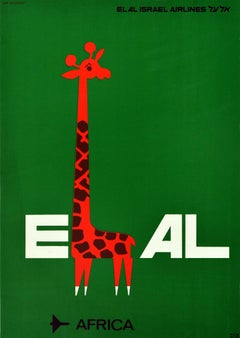 Original Vintage Travel Poster El Al Israel Airlines Africa Safari Giraffe Plane