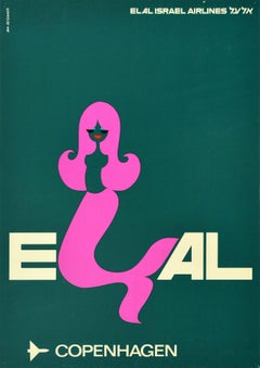Original Vintage Travel Poster El Al Israel Airlines Copenhagen Denmark Mermaid