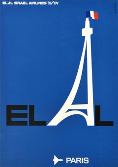 Original Vintage Travel Poster El Al Israel Airlines Paris France Eiffel Tower
