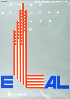 Original Vintage Travel Poster El Al Israel Airlines USA Skyscrapers Flag Design