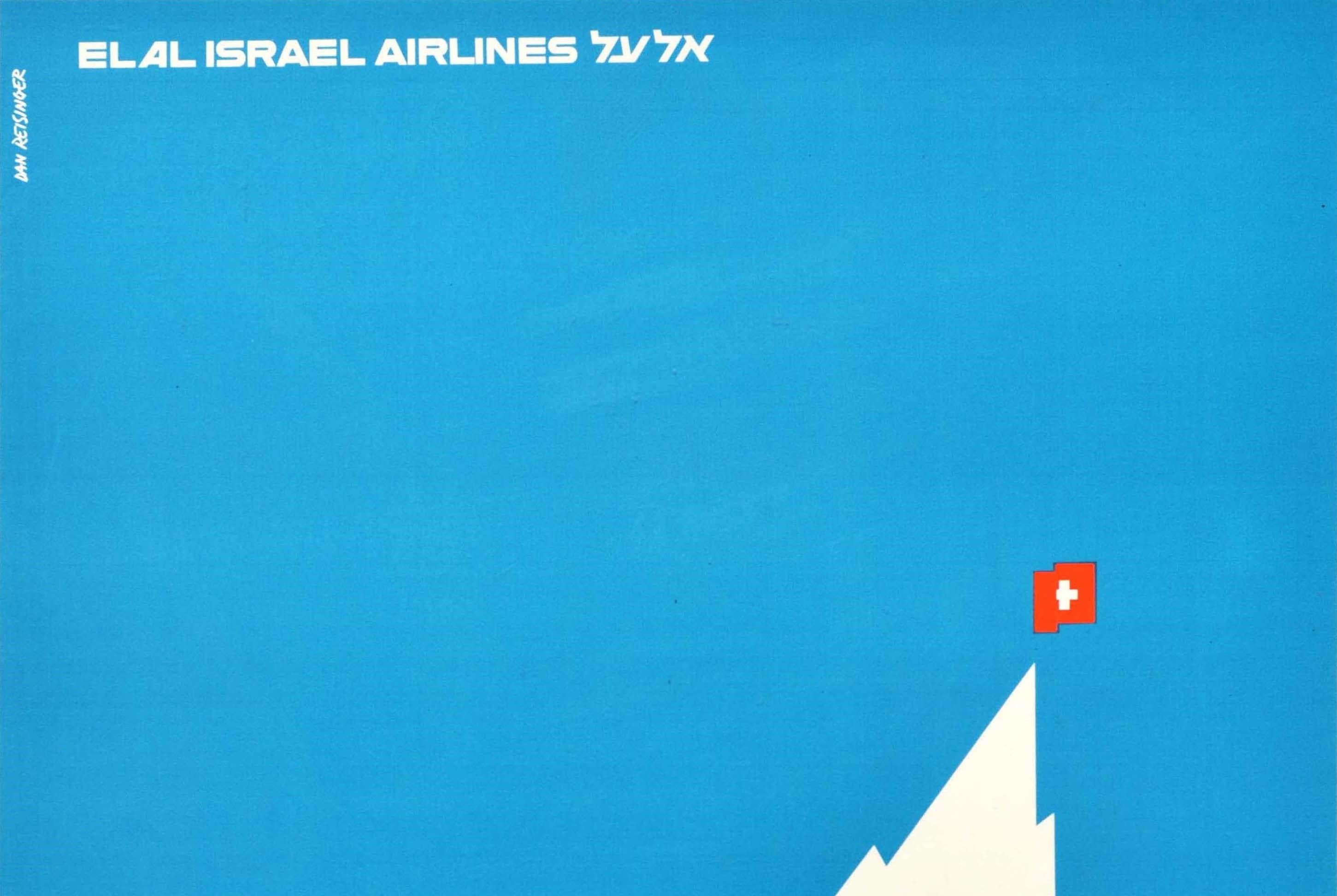 Original Vintage Travel Poster El Al Israel Airlines Zurich Switzerland Alps Art - Print by Dan Reisinger