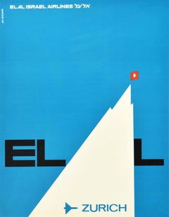 Original Vintage Travel Poster El Al Israel Airlines Zurich Switzerland Alps Art