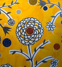 DAN RIZZIE "The Sanctuary" large vertical bright yellow abstract flower painting