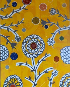 DAN RIZZIE "The Sanctuary" large vertical bright yellow abstract flower painting