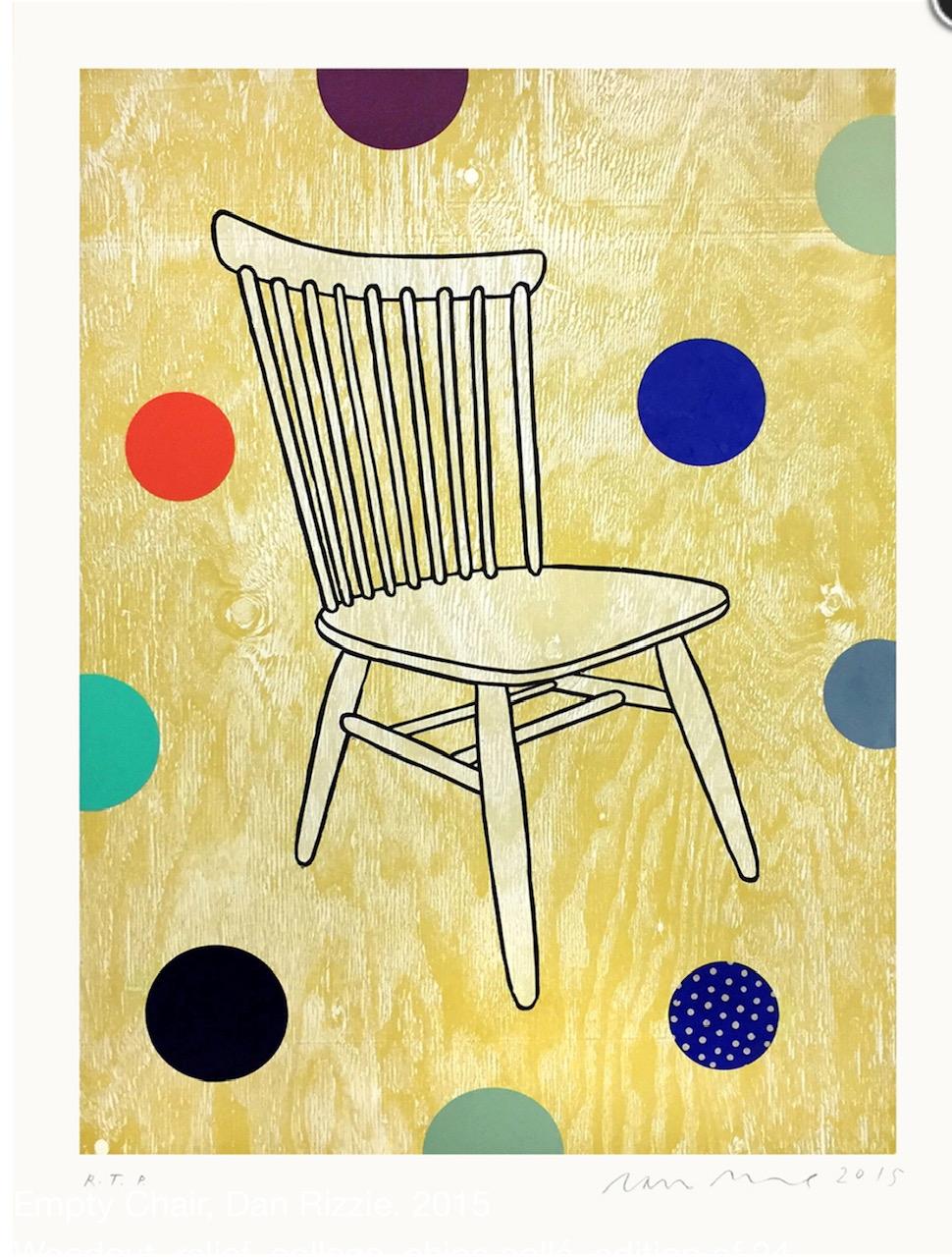 Dan Rizzie Abstract Print - DAN RIZZIE "Chair" woodcut print of chair w colorful dots in background