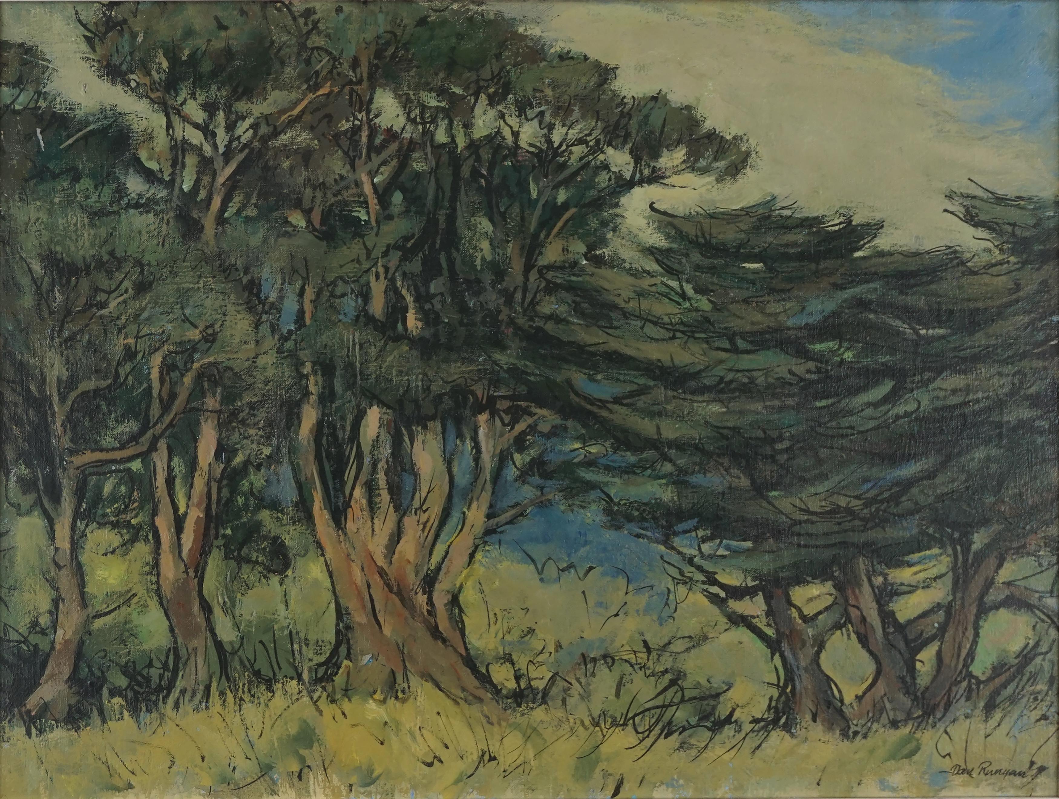 Paysage en cyprès et eucalyptus du milieu du siècle dernier - Painting de Dan Runyan