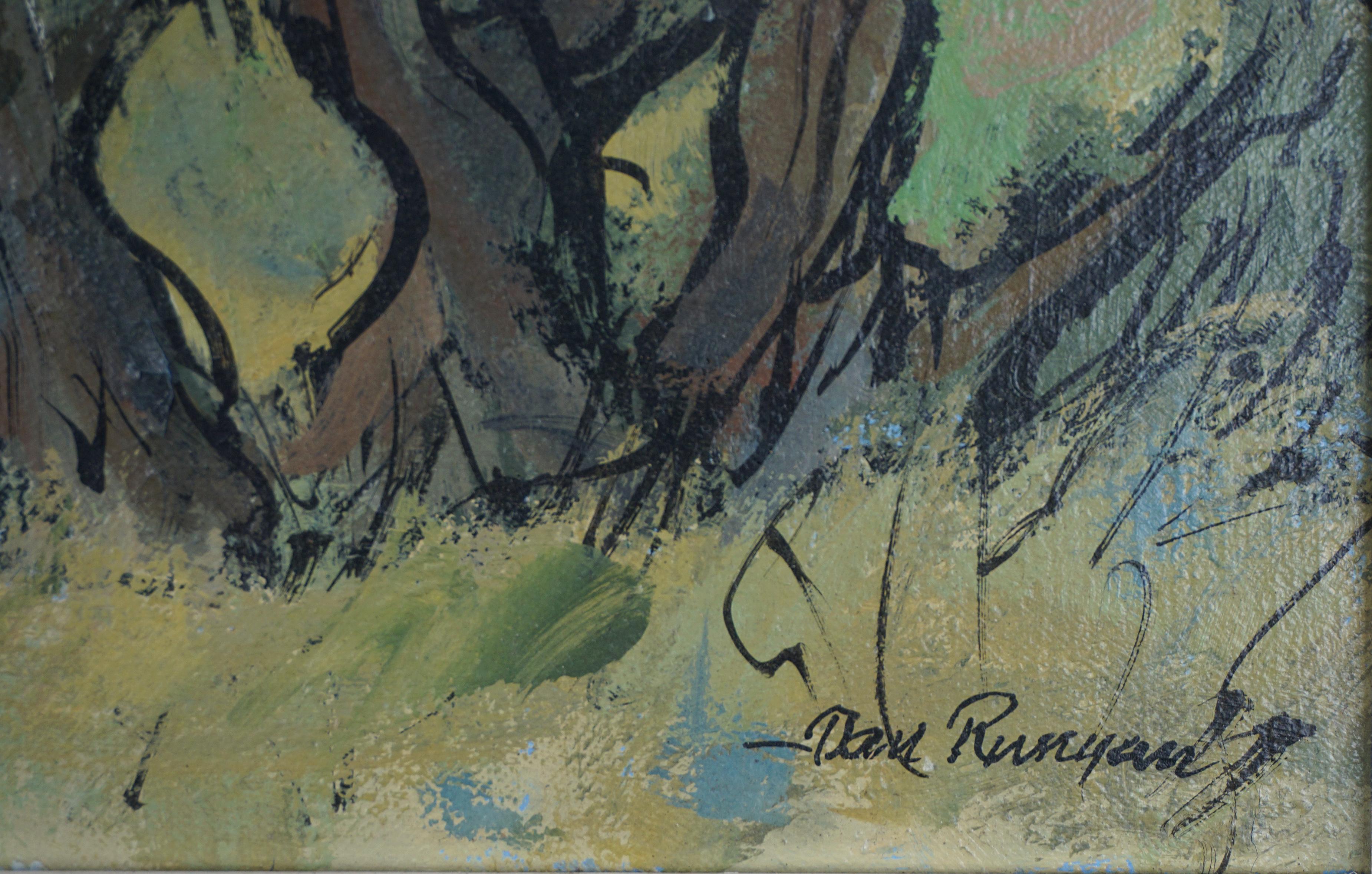 Paysage en cyprès et eucalyptus du milieu du siècle dernier - Gris Landscape Painting par Dan Runyan