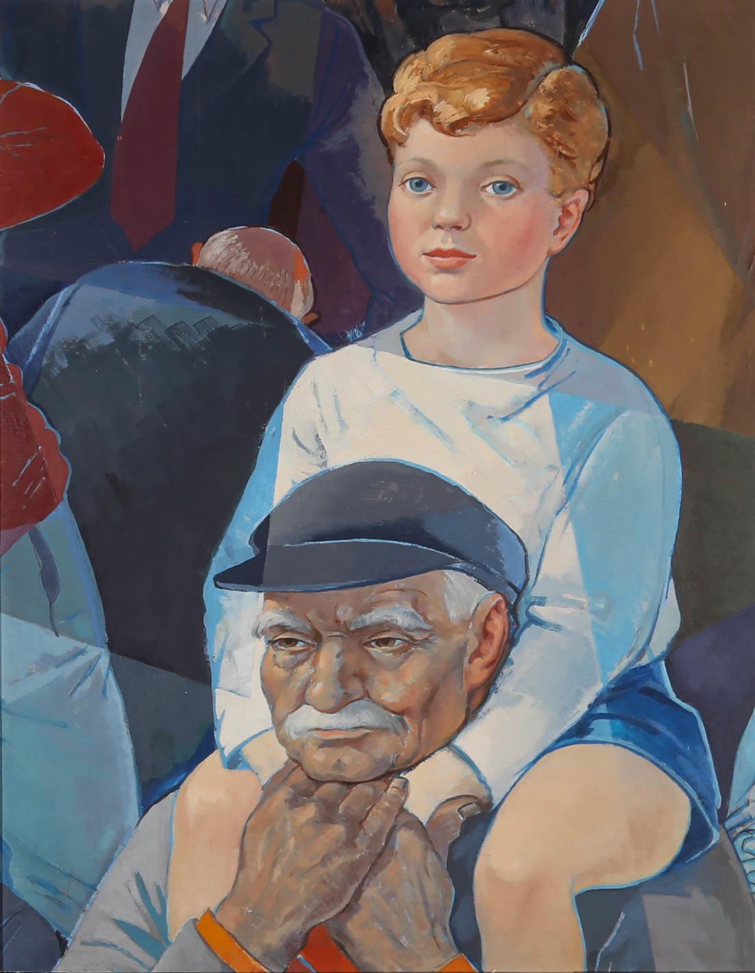 This visually appealing portrait of a young boy atop his grandfather's shoulders is wonderfully crafted. The blue colour palette is contrasted by flashes of orange hidden amongst the composition, creating a bold and modern study. The kindly face of