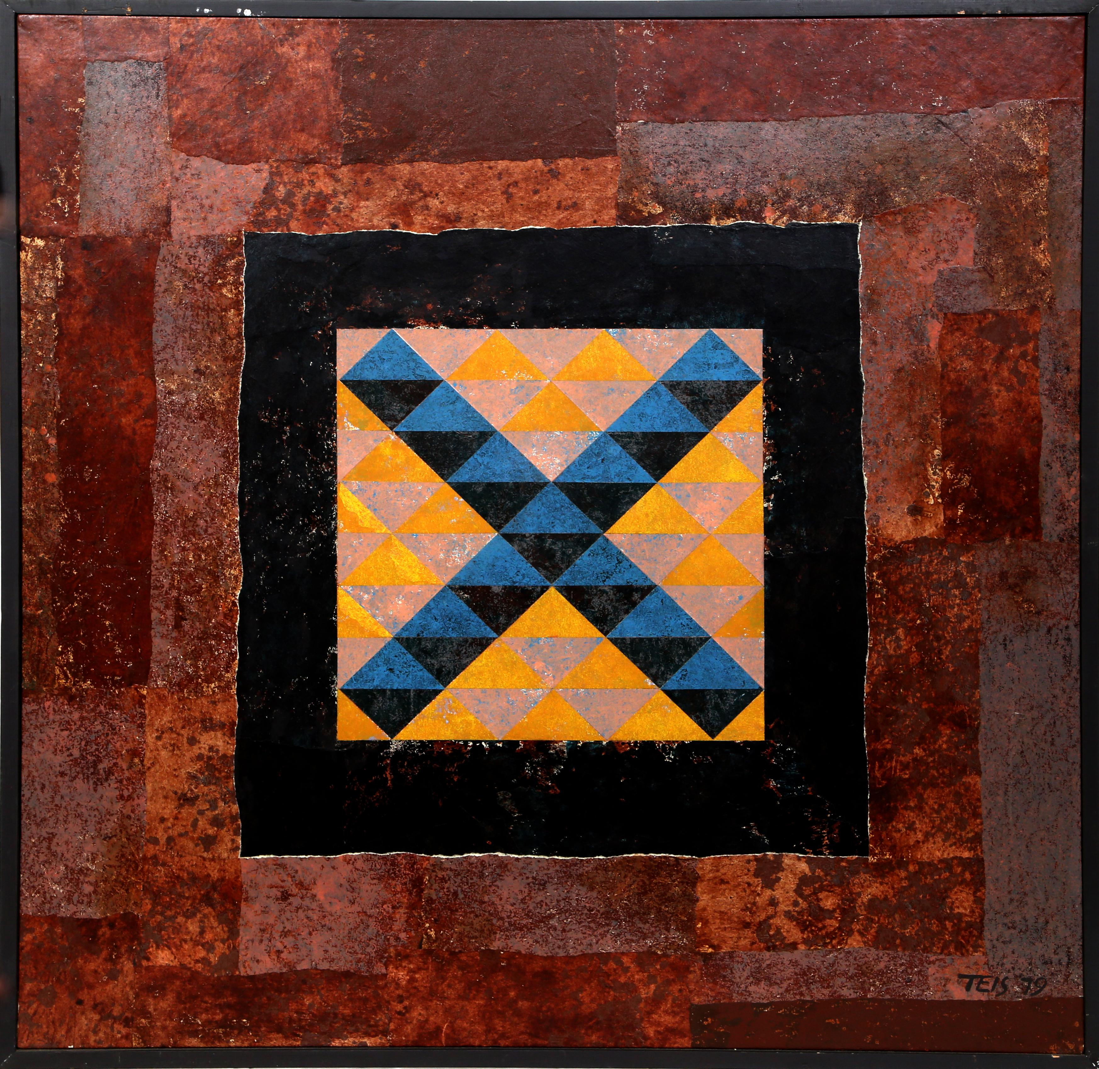 Artista: Dan Teis, americano (1925 - 2002)
Titolo: X blu su astratto
Anno: 1979
Medium: Acrilico e collage su tela, firmato a sinistra.
Dimensioni: 40 pollici x 40 pollici (101,6 cm x 101,6 cm)
Dimensioni della cornice: 41,5 x 41,5 pollici