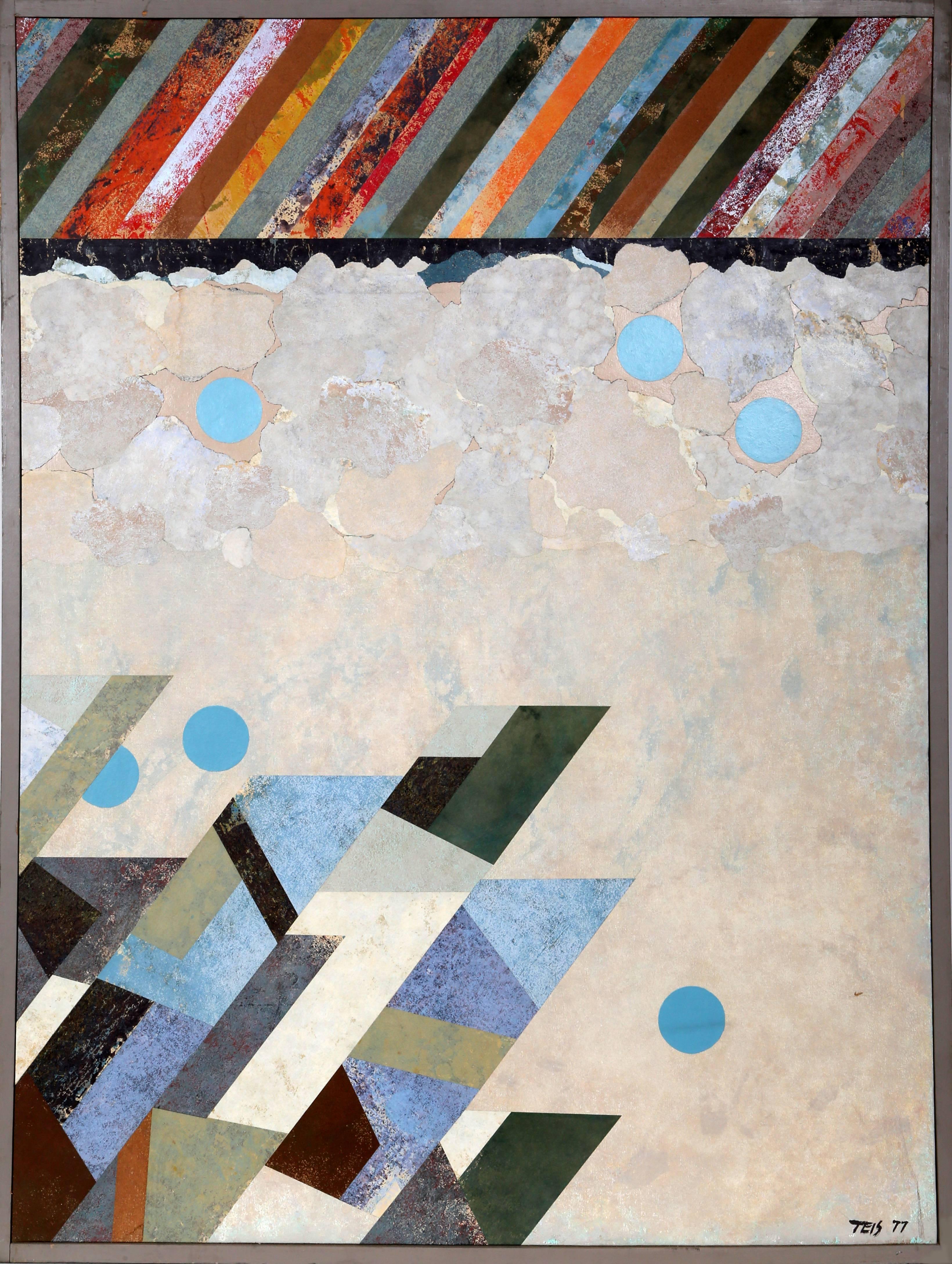 Artistics : Dan Teis, Américain (1925 - 2002)
Titre : Abstrait avec points bleus
Année : 1979
Médium : Acrylique avec collage sur toile, signée à gauche.
Taille : 50 x 37.5 in. (127 x 95.25 cm)
Taille du cadre : 51.5 x 39 pouces
