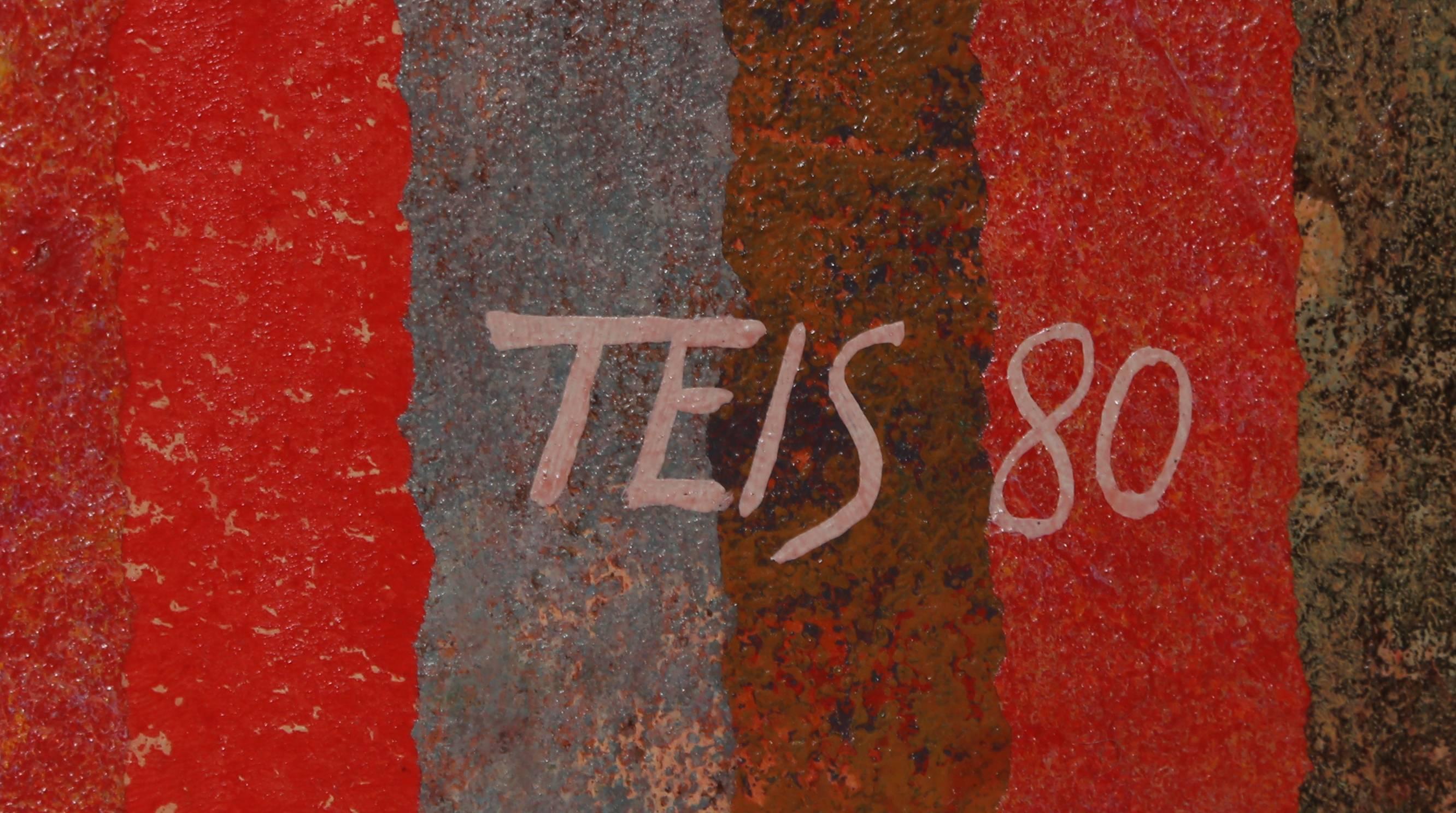 Peinture de grande taille abstraite aux formes rouges de Dan Teis en vente 1