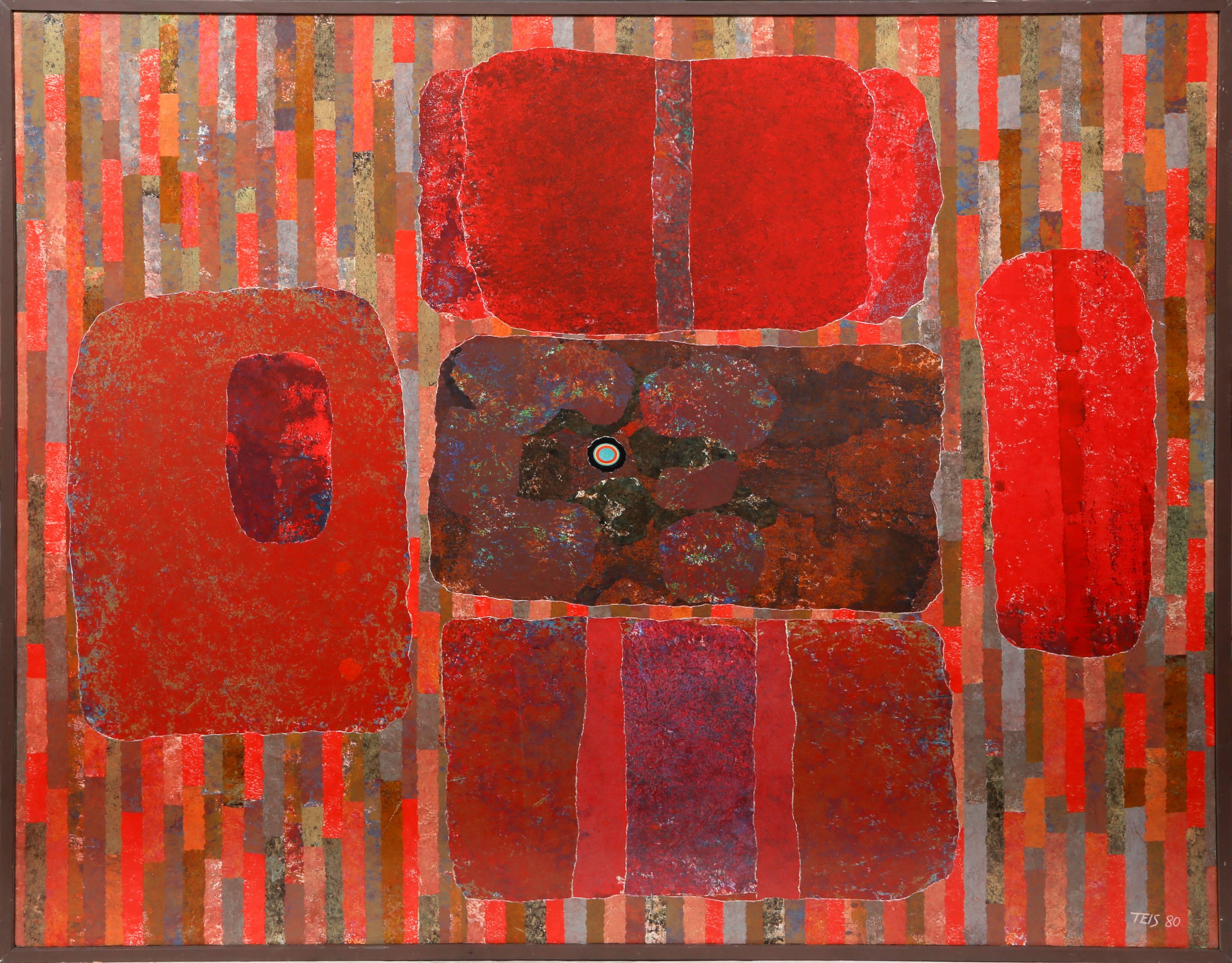 Artiste : Dan Teis
Titre : Abstrait avec des formes rouges
Année : 1980
Medium : Acrylique sur toile, signé à droite.
Taille : 54  x 60 pouces (137,16  x 152,4 cm)
Taille du cadre : 55.5 x 61.75 pouces
