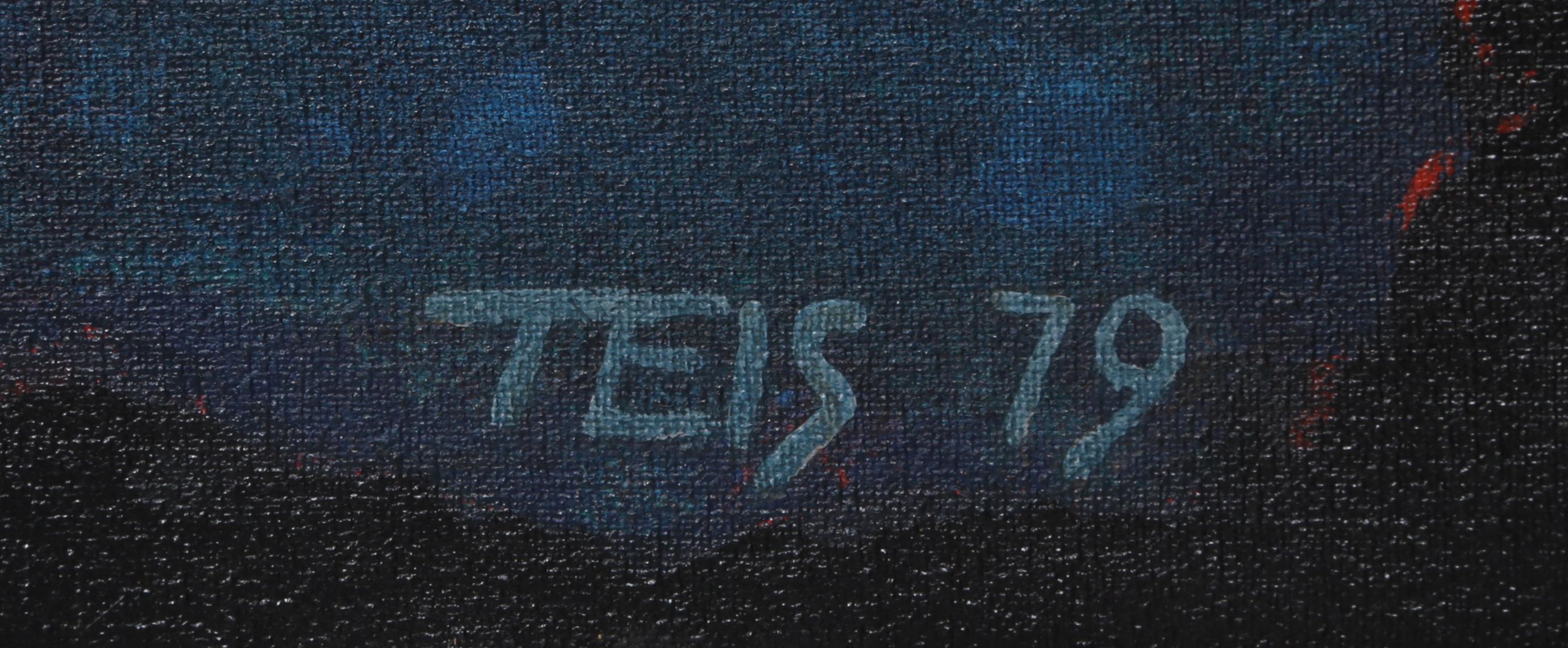 Peinture abstraite et de collage bleue sur toile par Dan Teis en vente 1