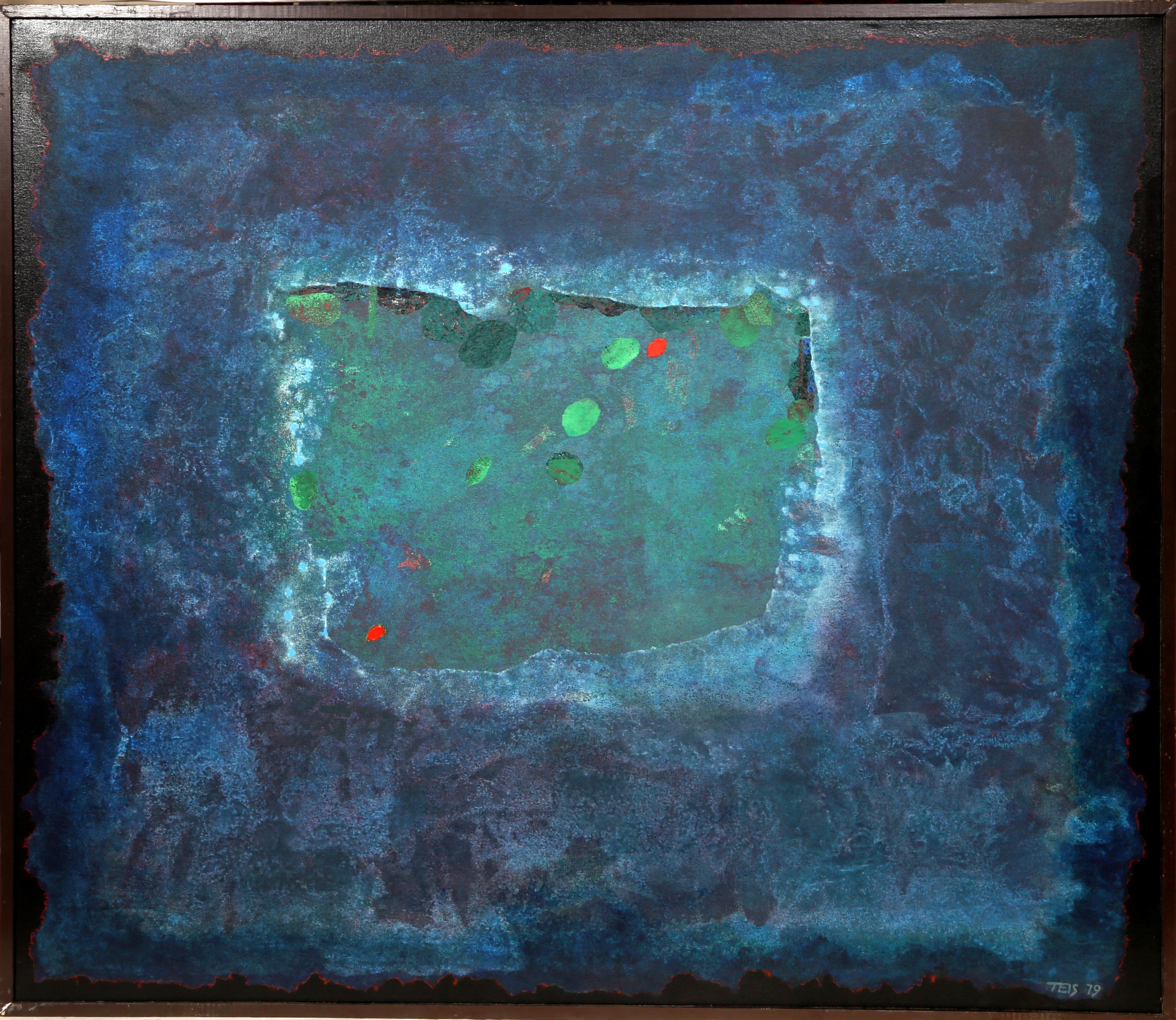 Artistics : Dan Teis, Américain (1925 - 2002)
Titre : Lac abstrait avec des nénuphars
Année : 1979
Médium : Acrylique sur toile, signée à gauche.
Taille : 54 x 60 in. (137.16 x 152.4 cm)
Taille du cadre : 55 x 61.5 pouces