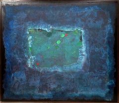 Vintage Blue Abstract and Collage Painting on Canvas by Dan Teis