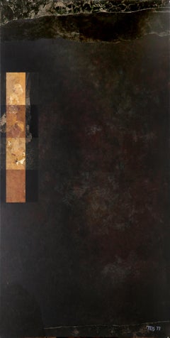 Gold quadratische Quadrate auf Schwarz, abstraktes Gemälde von Dan Teis