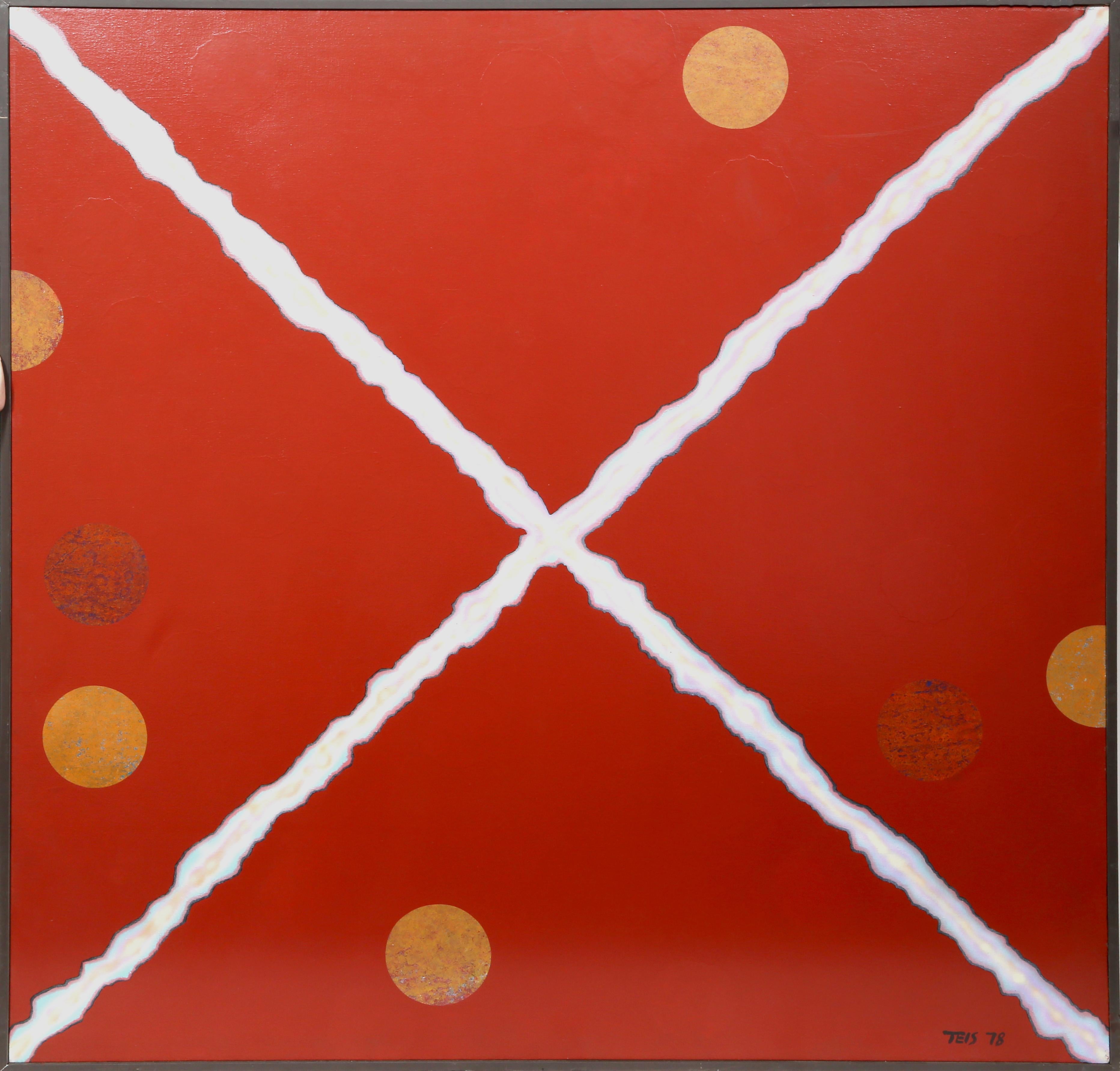 Artista: Dan Teis, americano (1925 - 2002)
Titolo: X bianca su rosso con punti arancioni
Anno: 1978
Medium: Acrilico su tela, firmato a sinistra.
Dimensioni: 54 x 54 pollici (137,16 x 137,16 cm)
Dimensioni del telaio: 55 x 55 pollici