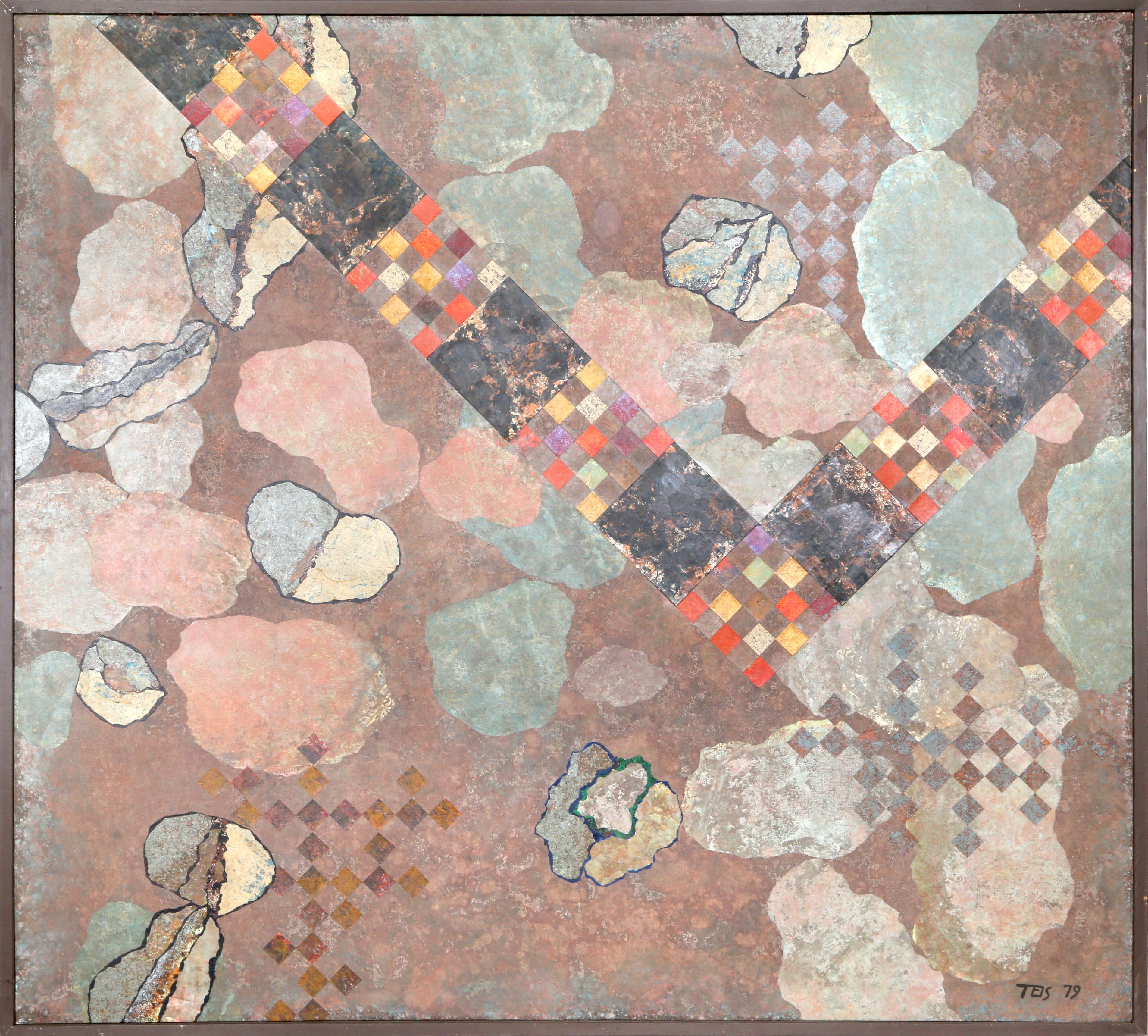 Artista: Dan Teis, americano (1925 - 2002)
Titolo: Astratto in pastelli
Anno: 1979
Medium: Acrilico su tela, firmato a sinistra.
Dimensioni: 54 x 60 pollici (137,16 x 152,4 cm)
Dimensioni della cornice: 55 x 61,5 pollici