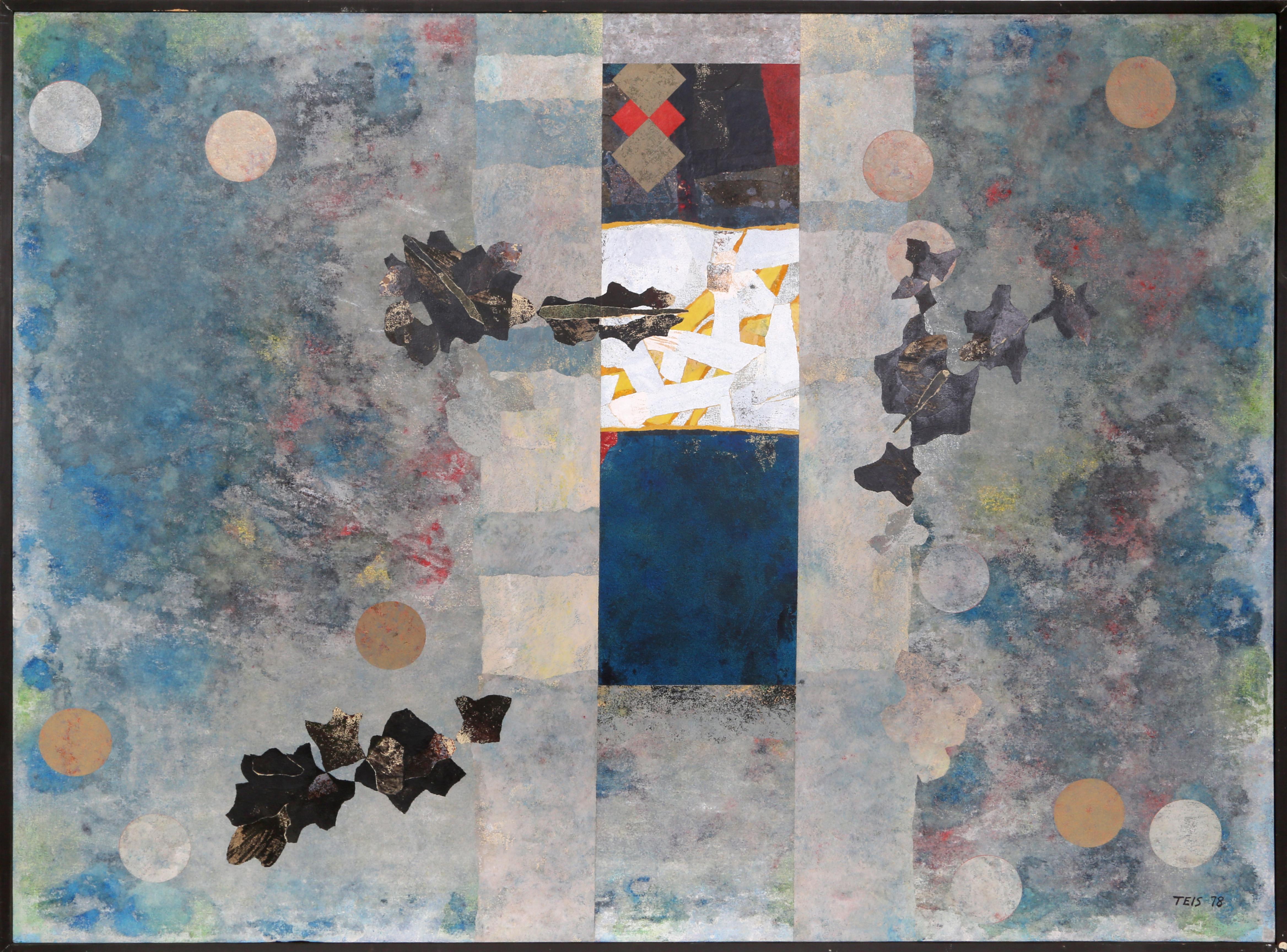 Artistics : Dan Teis, Américain (1925 - 2002)
Titre : Abstrait bleu avec feuilles
Année : 1978
Moyen d'expression : Huile sur toile, signée à gauche.
Taille : 54 x 72 in. (137.16 x 182.88 cm)