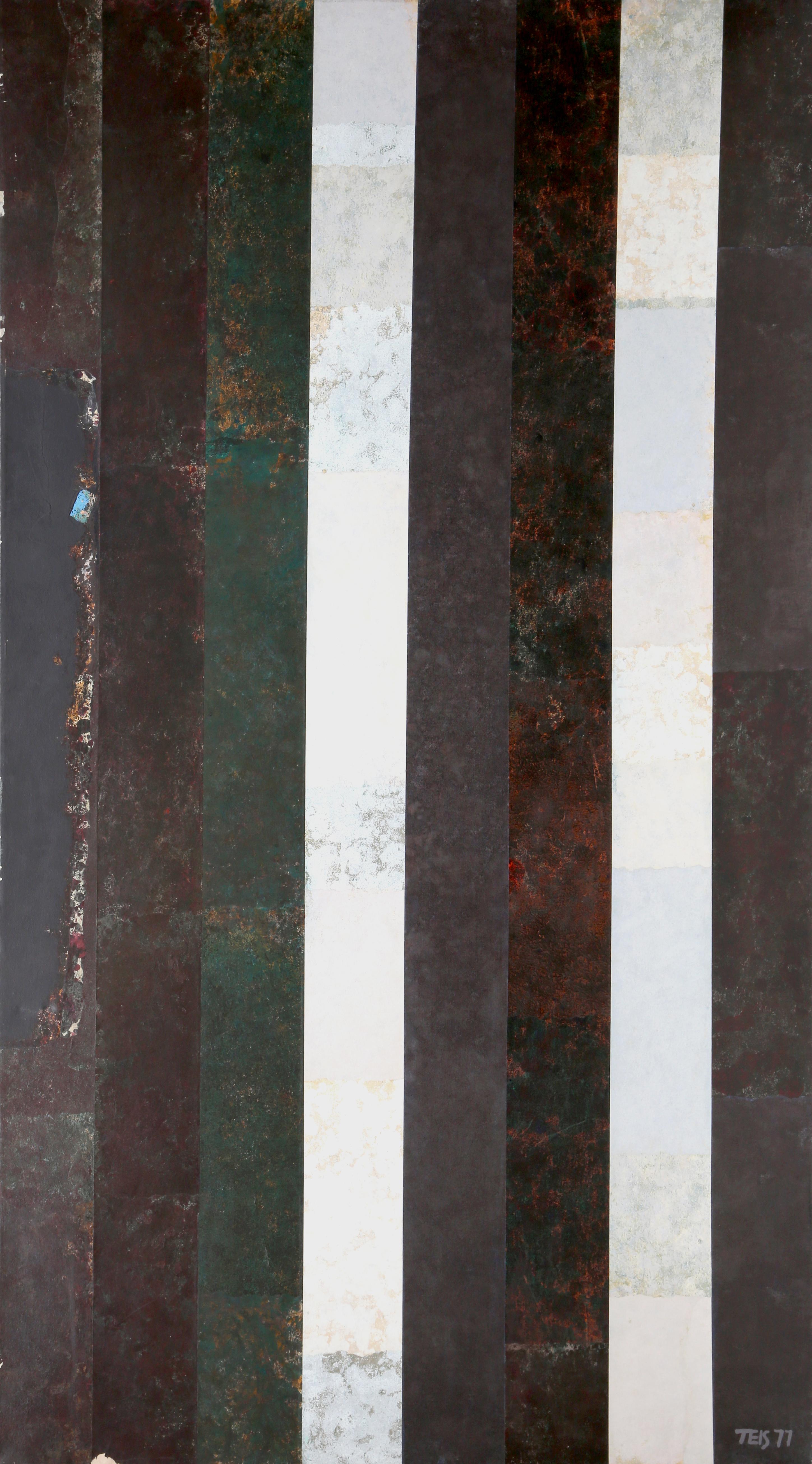 Artiste : Dan Teis, américain (1925 - 2002)
Titre : Rayures noires et blanches métallisées
Année : 1977
Moyen : Acrylique sur toile, signé à droite.
Taille : 182,88 x 101,6 cm (72 x 40 in.) (182,88 x 101,6 cm)