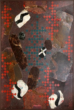 Grande peinture abstraite et collage sur toile de Dan Teis