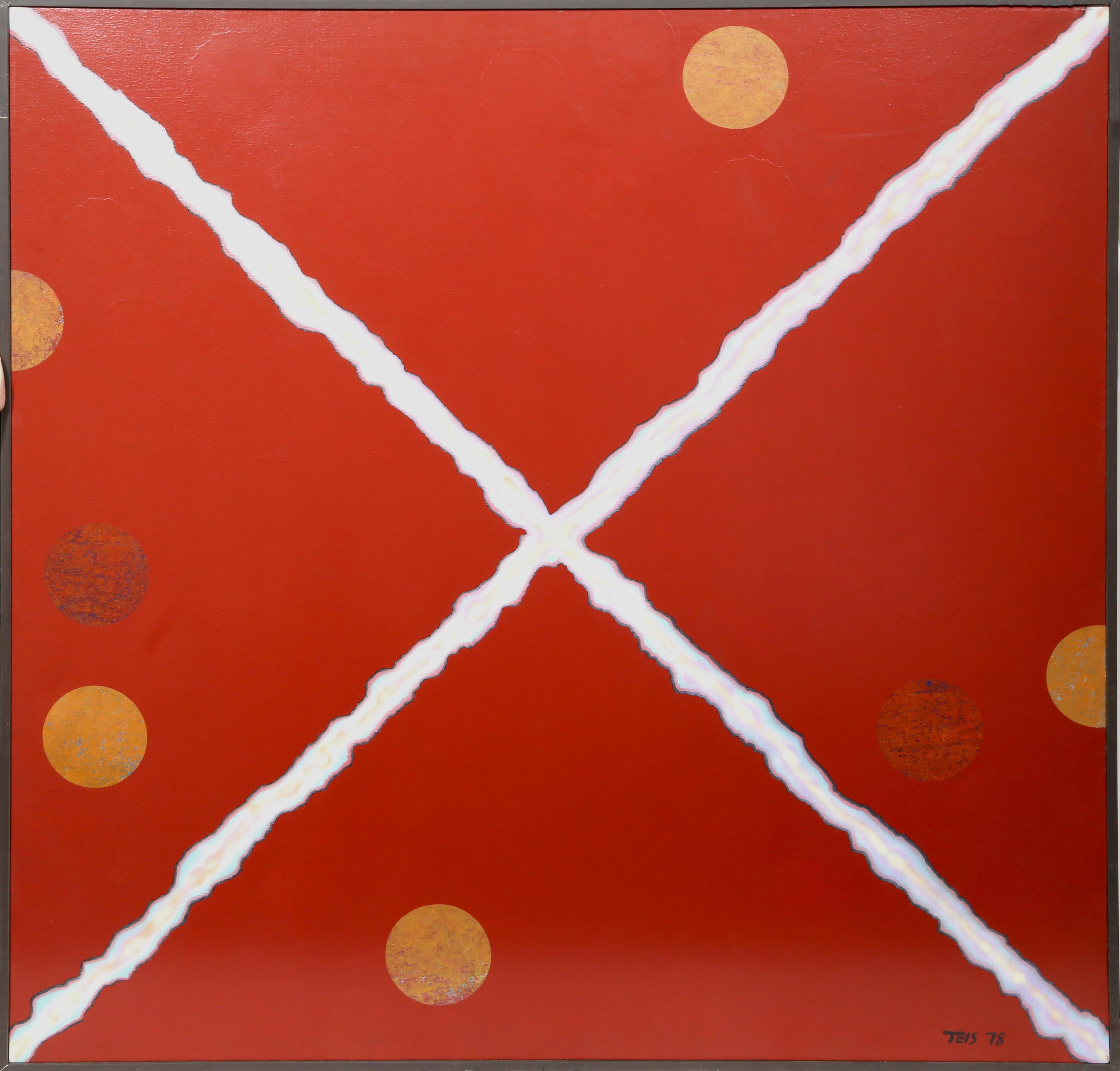 Artiste : Dan Teis, américain (1925 - 2002)
Titre : X blanc sur rouge avec des points orange
Année : 1978
Moyen : Acrylique sur toile, signé à droite.
Taille : 54 x 54 in. (137,16 x 137,16 cm)
Taille du cadre : 55 x 55 pouces