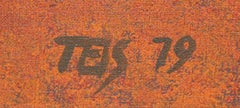 Abstraktes Gemälde auf Leinwand in Orange mit Collage von Dan Teis
