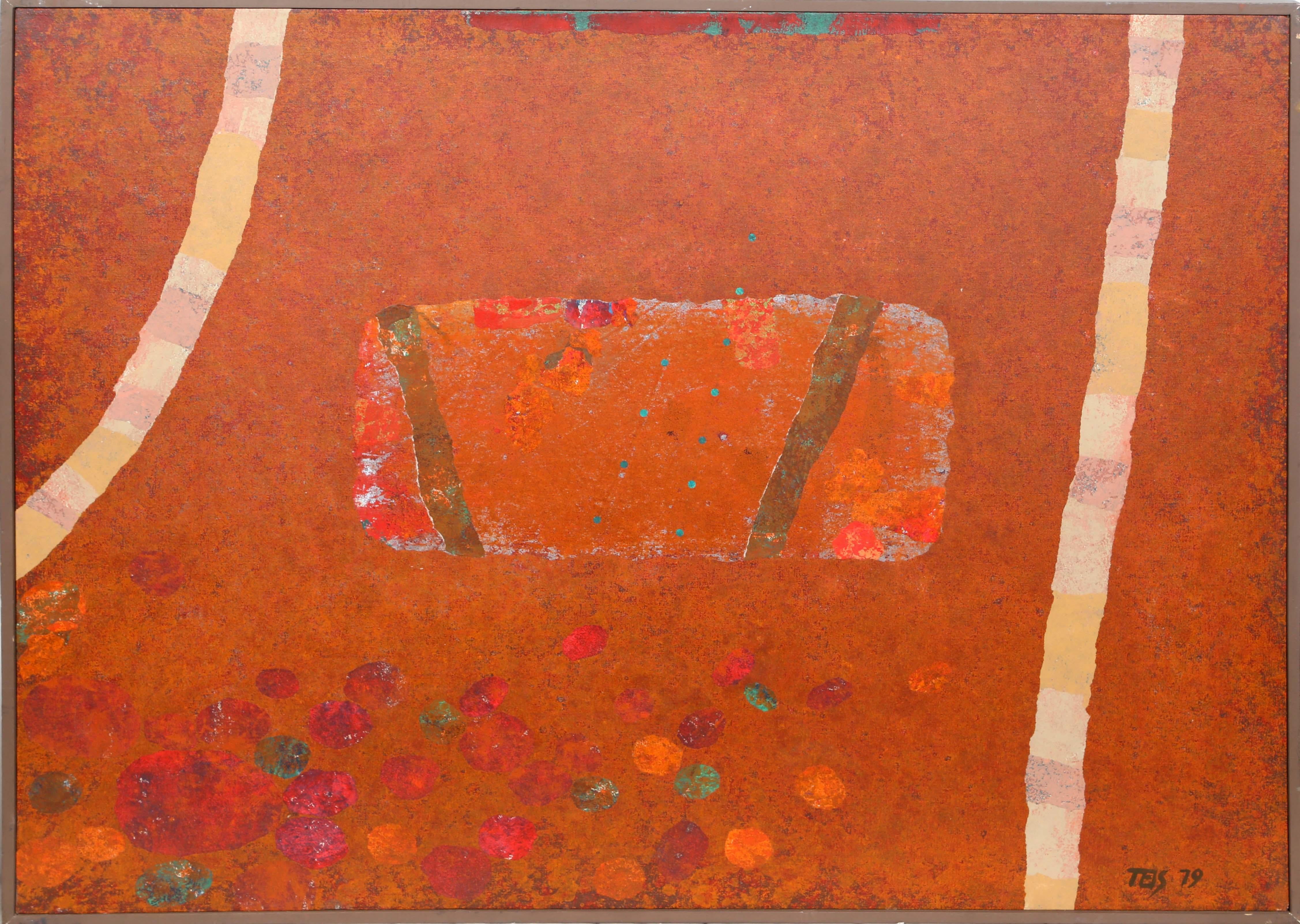 Artista: Dan Teis, americano (1925 - 2002)
Titolo: Estratto dell'arancia
Anno: 1979
Medium: Acrilico e collage su tela, firmato e datato a sinistra.
Dimensioni: 36 x 48 pollici (91,44 cm x 121,92 cm)
Dimensioni della cornice: 37 x 49 pollici