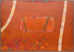 Peinture abstraite et au collage orange sur toile de Dan Teis