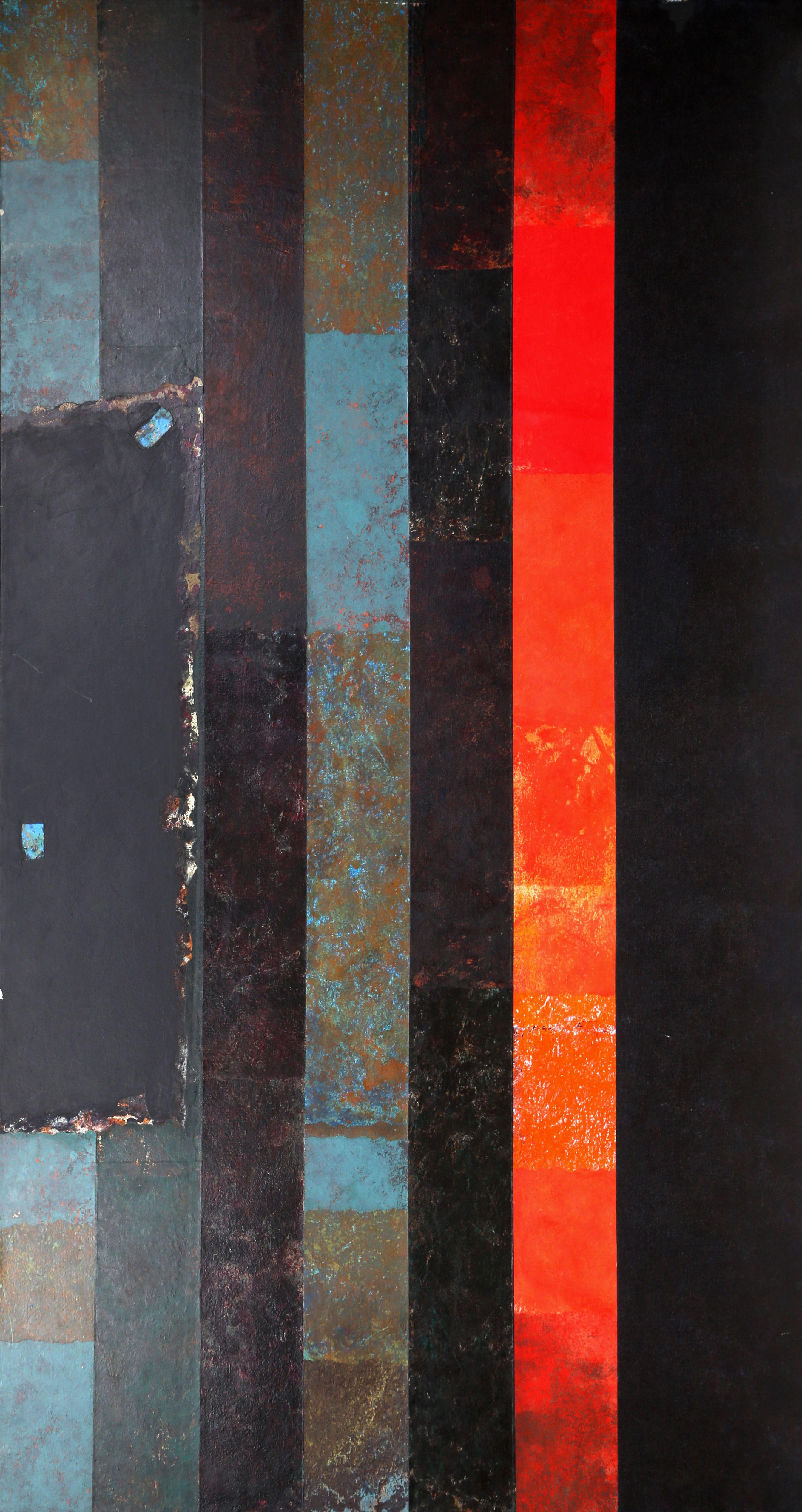 Künstler: Dan Teis
Titel: Rote und blaue Streifen auf Schwarz
Datum: ca. 1977
Acryl auf Leinwand (unsigniert)
Größe: 72 x 40 Zoll (182,88 x 101,6 cm)