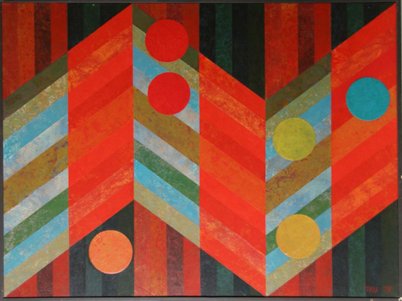 Artista: Dan Teis
Titolo: Chevron rosso e Dot Dot
Data: 1978
Acrilico e collage su tela, firmato a sinistra.
Dimensioni: 36 x 48 pollici (91,44 cm x 121,92 cm)
