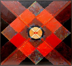 Red Metallic Diamond, Abstract and Collage Painting on Canvas by Dan Teis