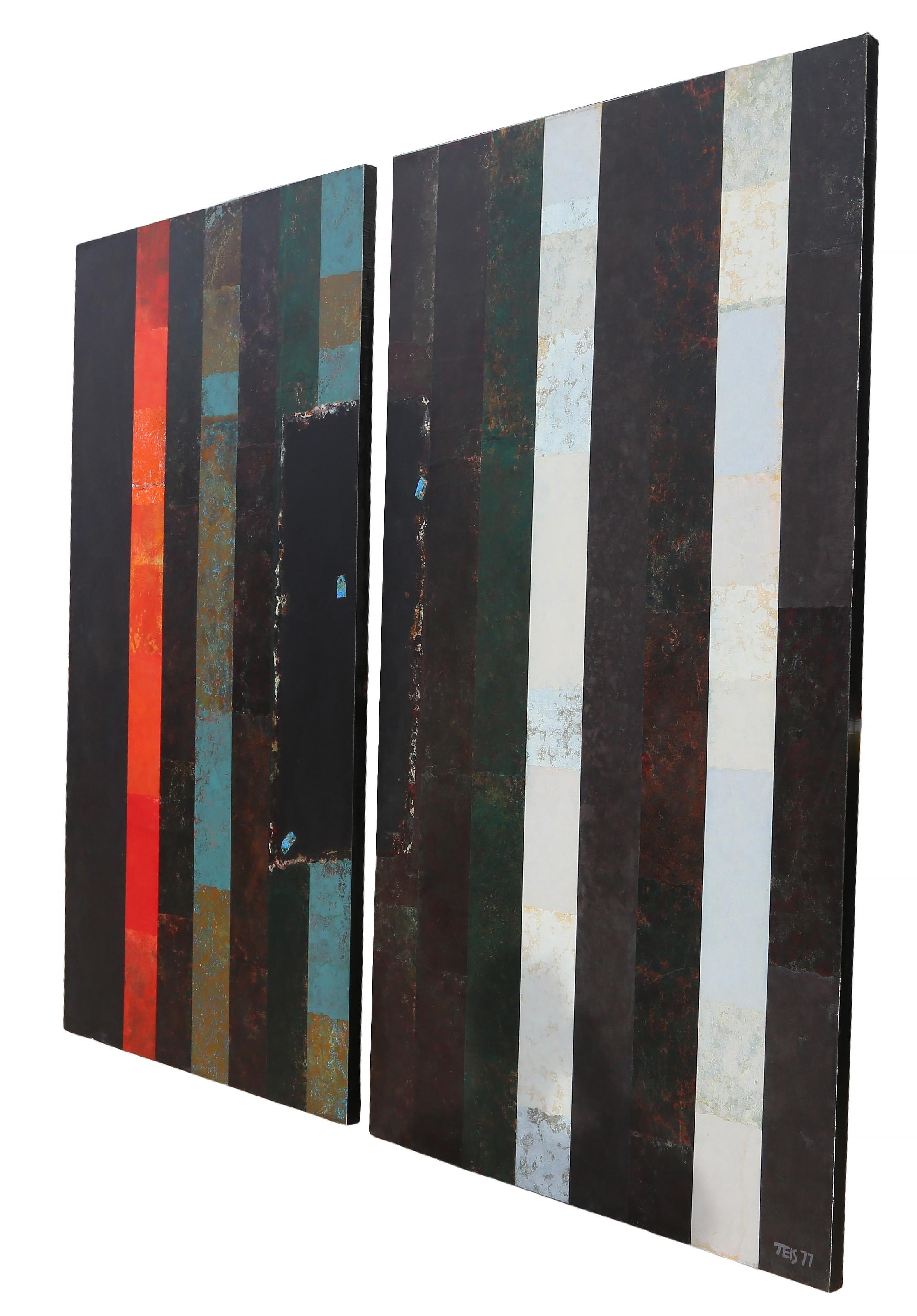 Stripes Diptych, Minimalist Acrylic and Collage Painting by Dan Teis For Sale 1