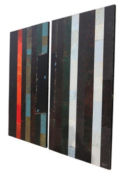 Stripes Diptych, Minimalist Acrylic and Collage Painting by Dan Teis