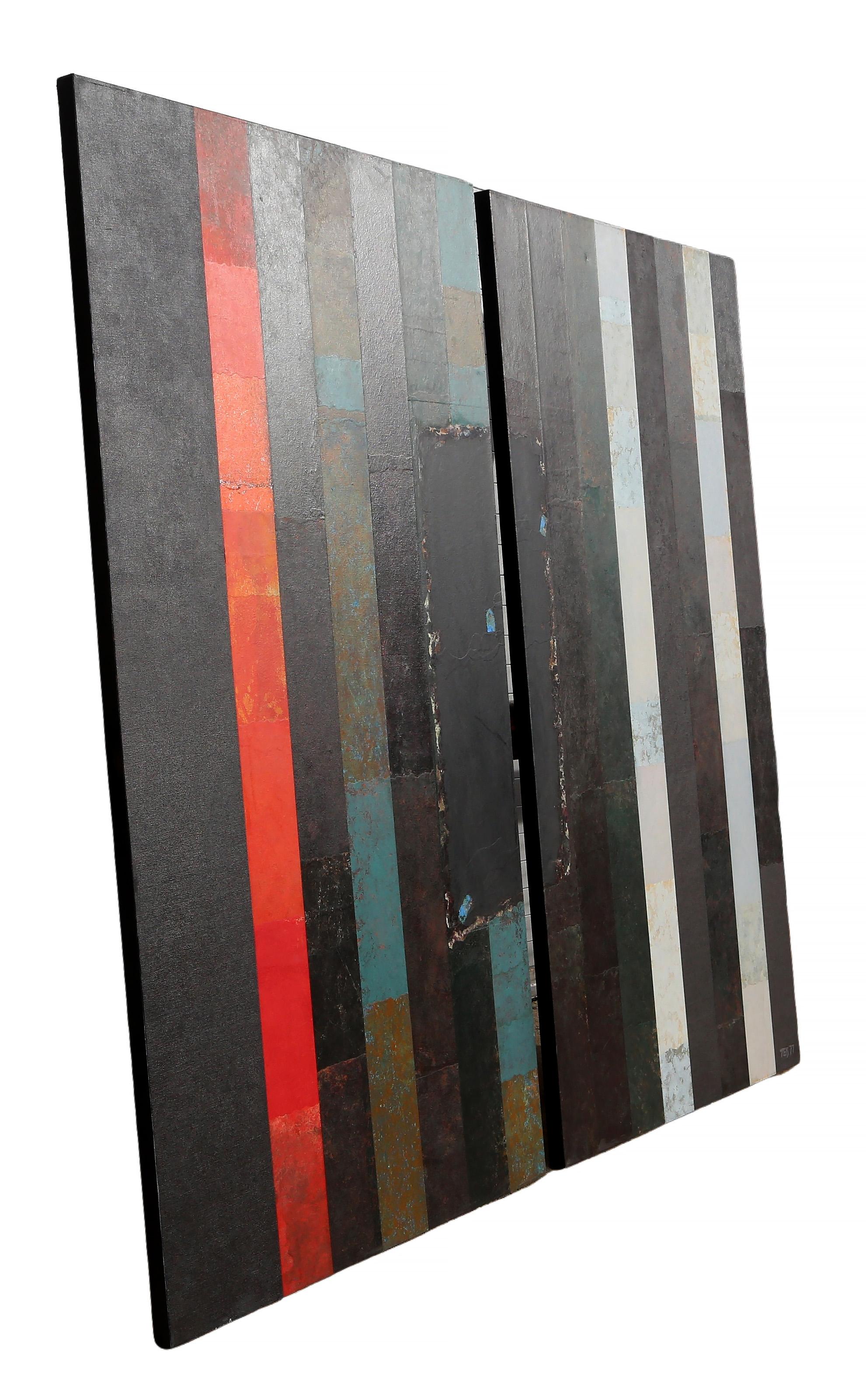 Stripes Diptych, Minimalist Acrylic and Collage Painting by Dan Teis For Sale 2
