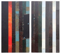 Stripes Diptych, Minimalist Acrylic and Collage Painting by Dan Teis