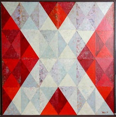 Whiting X su rosso, Pittura acrilica astratta geometrica su tela di Dan Teis
