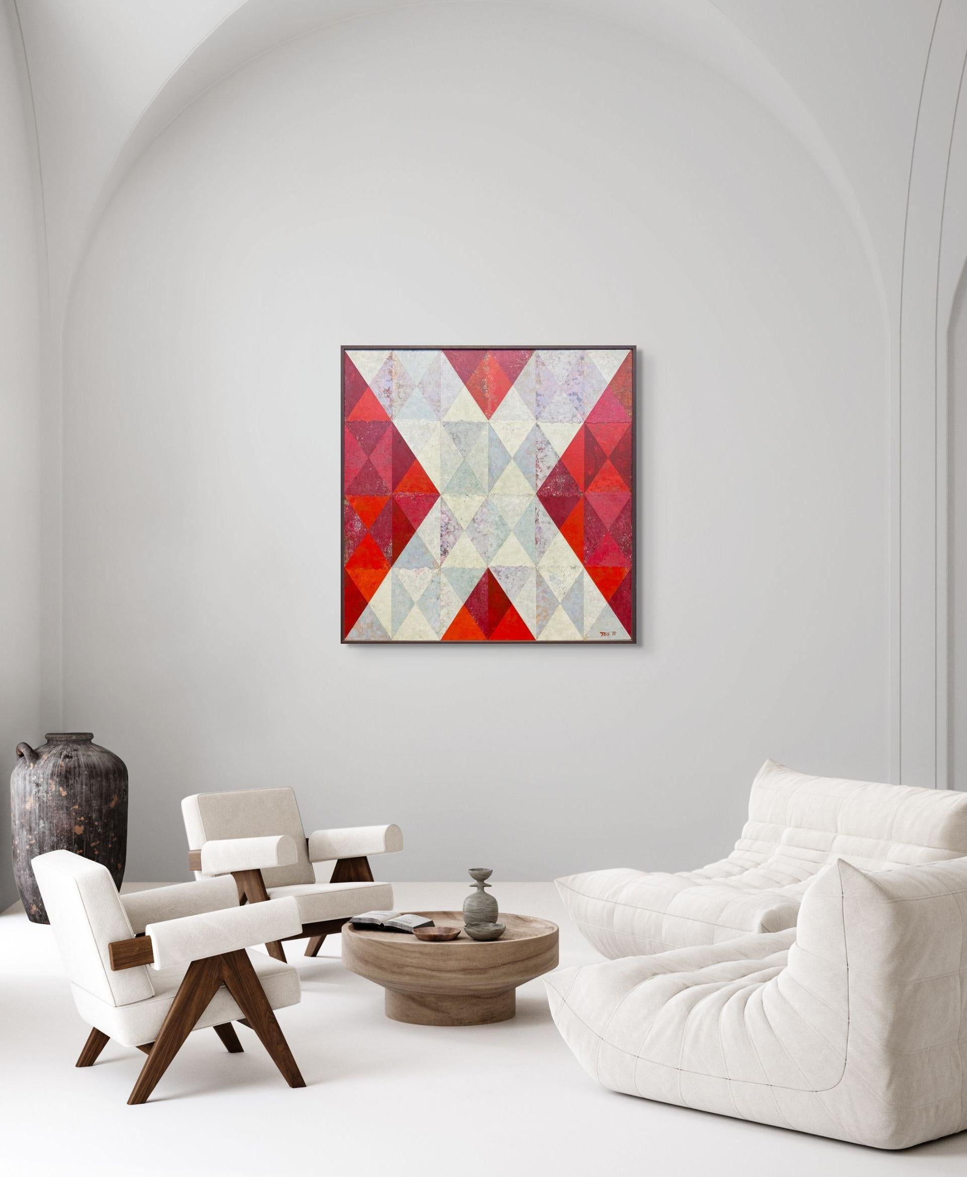 Weißes X auf Rot, geometrisch abstrakt – Painting von Dan Teis